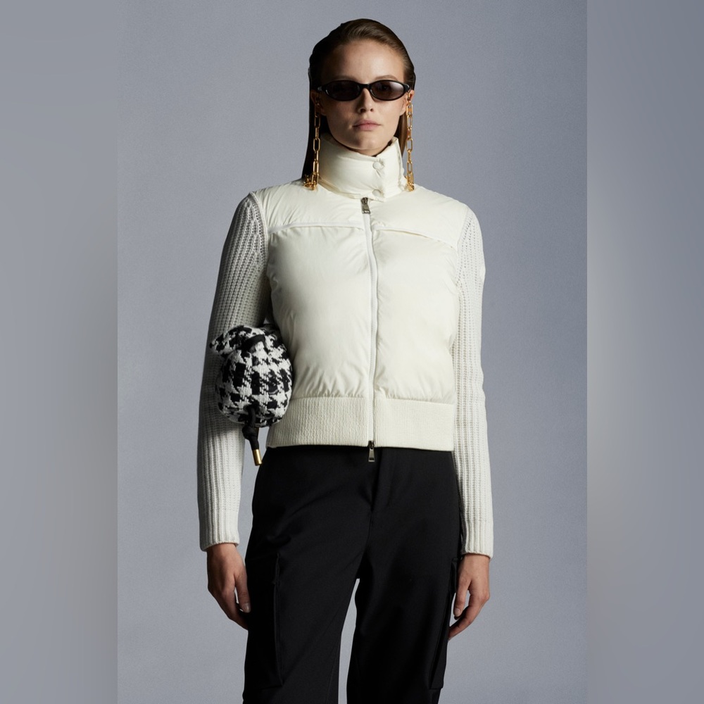 NWT Moncler Women’s Wool Blend Quilted Zip-Up Cardigan Tricot in White/Cream